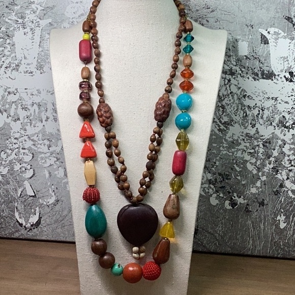 New York & Company Jewelry - Necklace Set - Wood Beaded Necklace and Wood and Glass Necklace Very Unique